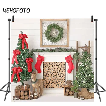 

Christmas Fireplace Photography Backdrop Wood Floor Xmas Tree Photo Background White Brick Wall Backdrops for Studio Props