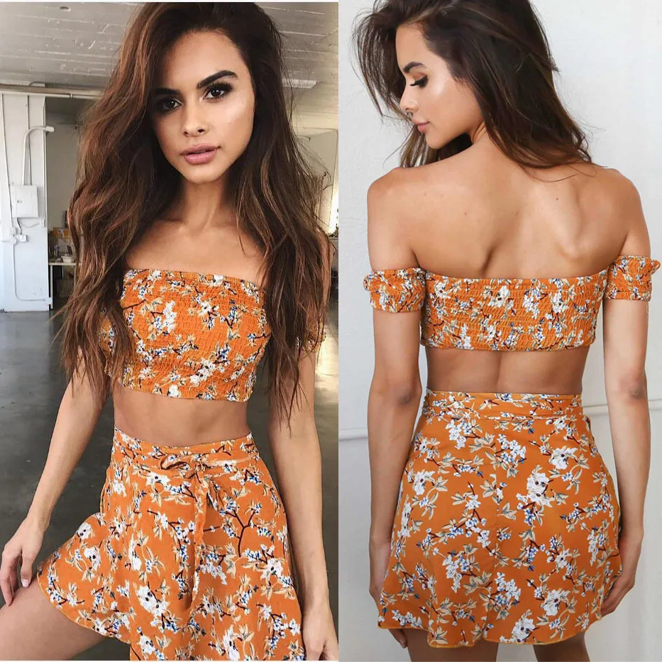 

women 2018 summer fashion off the shoulder 2 pieces mini dressshort sleeve tie-up sexy club wear print dress for women