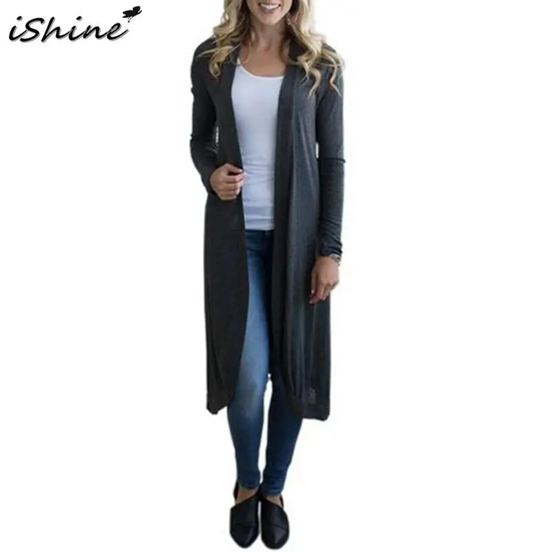 

iSHINE 2018 European And American Fashion Autumn Women's Solid Color Long-sleeved Knit Wild Long Cardigan Coat