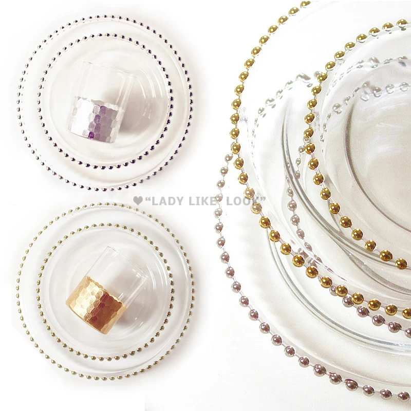 Gold Rim glass pearl tray transparent glass beads plate fruit cake Western dish plate golden edge plate (1)