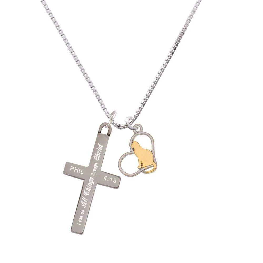 Two Tone Cat Silhouette Heart - I Can Do All Things - Cross Necklace