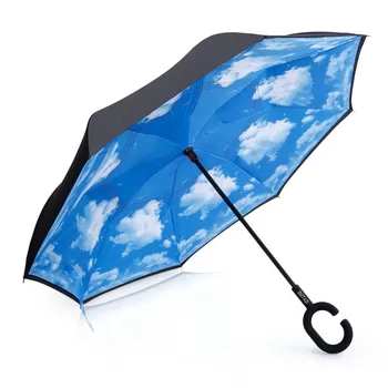 

Double Layer Inverted Reverse Umbrella Elover Windproof UV Protect Big Straight Umbrella for Car Rain Outdoor C-Shaped Handle