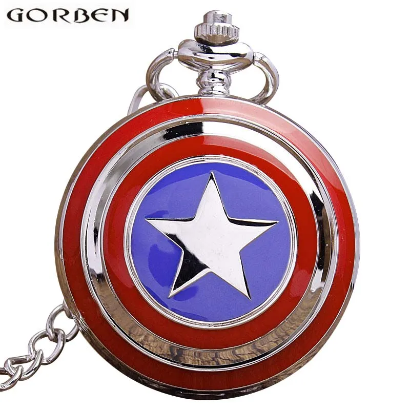 

Captain America Quartz Pocket Watch Necklace For Women Men Star Silver Metal Case Flip Fob Chain Clock Pendant Children's Gift