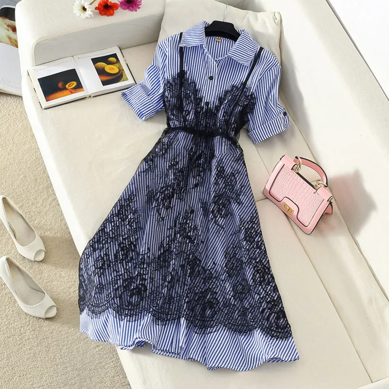 1564.91 руб. 25% СКИДКА|Высококачественная Женский комплект 2 шт. 2019 летняя длинная рубашка в полоску с короткими рукавами и сексуальное кружевное платье на бретельках-in Женские комплекты from Женская одежда on Aliexpress.com | Alibaba Group