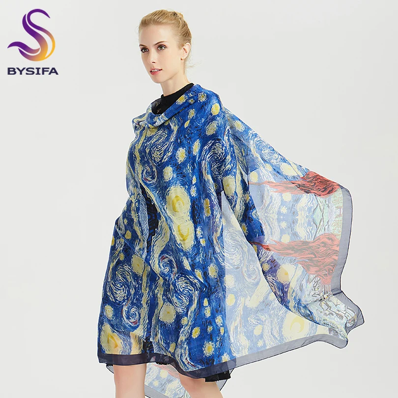 

[BYSIFA] Winter Women Blue 100% Silk Scarf Shawl Fashion Brand Starry Sky Long Scarves Autumn Ladies Scarves Foulard 180*110cm