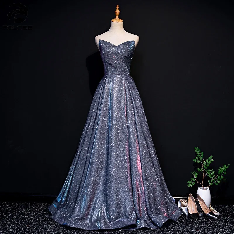 FOLOBE 2019 Fashion Women Formal Party Dresses A Line Strapless Shiny Gray Long Female Dress Clothing