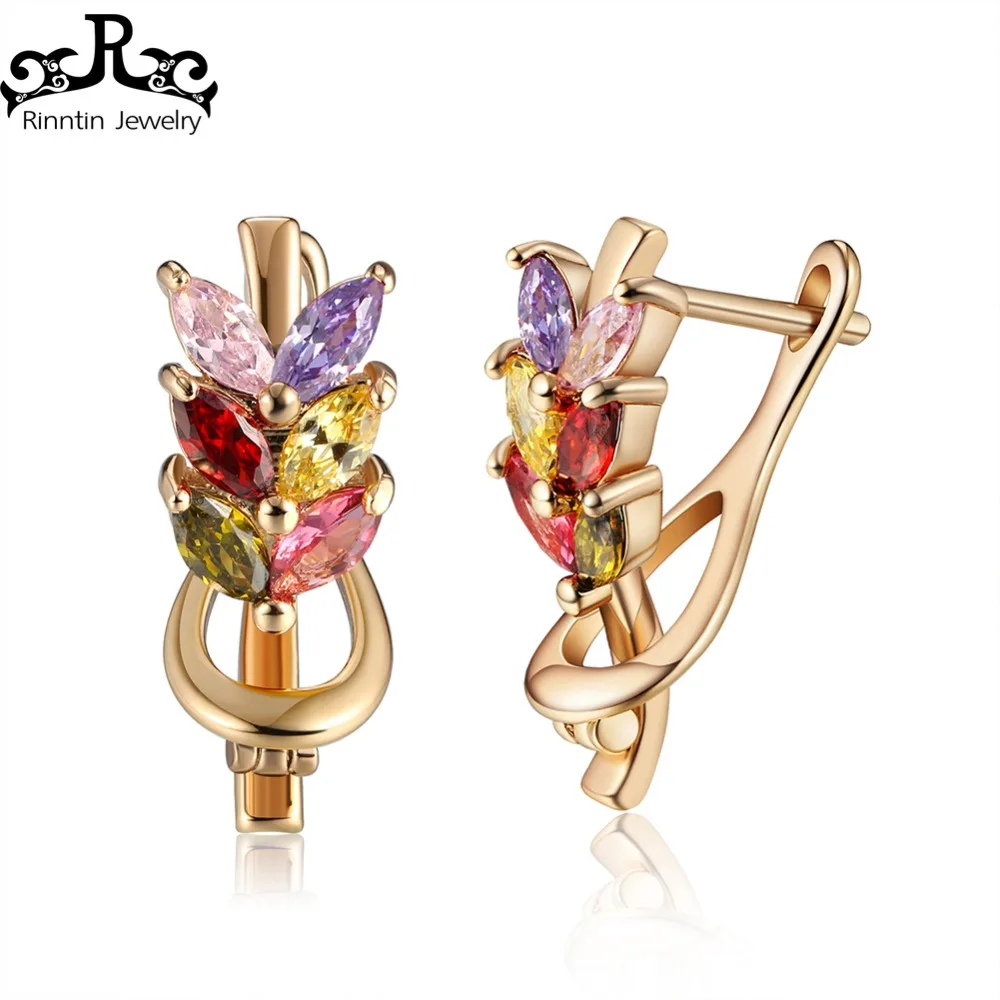 

ORSA Jewels Gold Color Female Stud Earrings Leaf Shape Colorful AAA Cubic Zircon Earring Fashion Jewelry DOME59