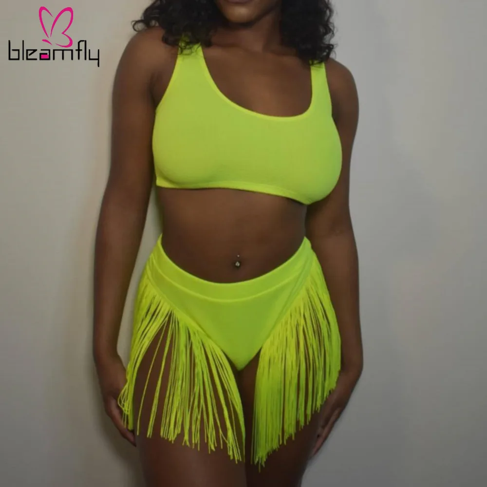 

2019 Women Neon Green Bikini Set Push-up Swimsuit Two Pieces Tassel Swimwear High Waist Triangle Bathing Suit Summer Beachwear
