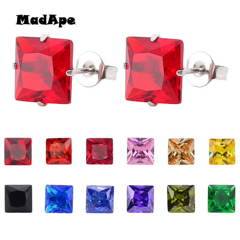 

MadApe 1Pair Square Zircon Earrings Stainless Steel 2019 Fashion Stud Earrings For Women Silver Color Small Earrings Ear Jewelry