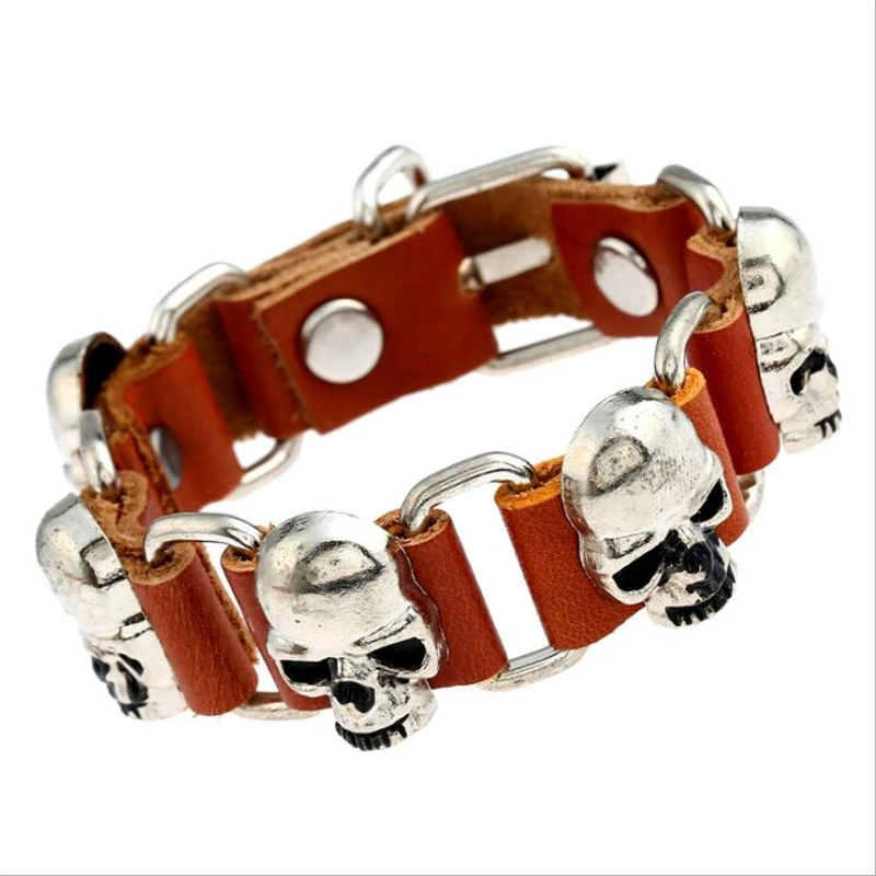 

2019 Fashion Personality Punk Style Bracelet for Men Leather Connection Skull Decoration Popular Jewelry Charm Bracelet Gifts