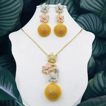 

ModemAngel Especially Flowers Nigeria Pendant 3Tone Necklace And Earring Sets Cubic Zircon Copper for Women High Quality Gift