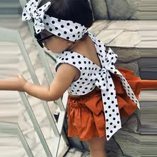 Комплект одежды из 3 предметов для маленьких девочек, жилет в горошек Топы, шорты с оборками повязка на голову, летняя одежда для девочек на день рождения