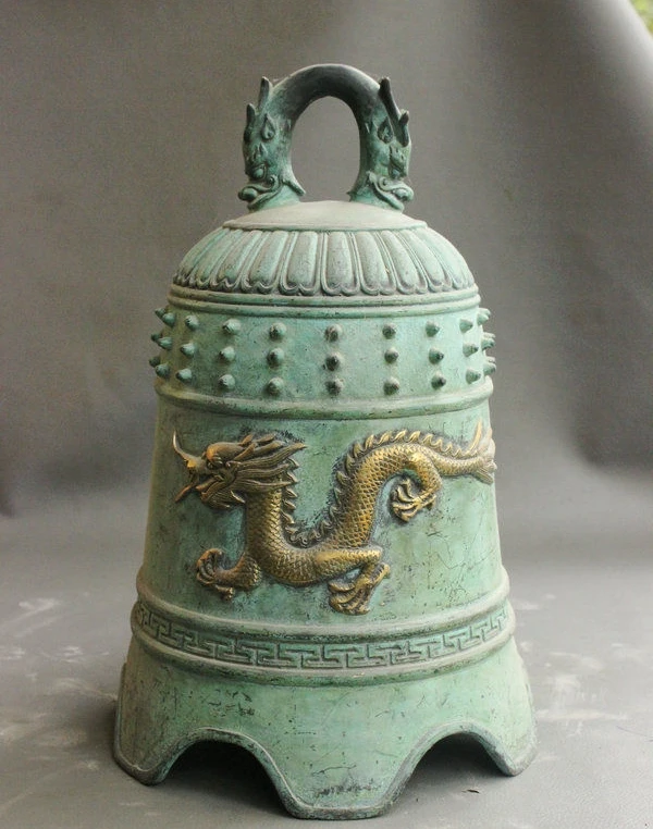 

13" Chinese Buddhism Temple Bronze Copper Gilt Dragon Beast Statue Bell Chung