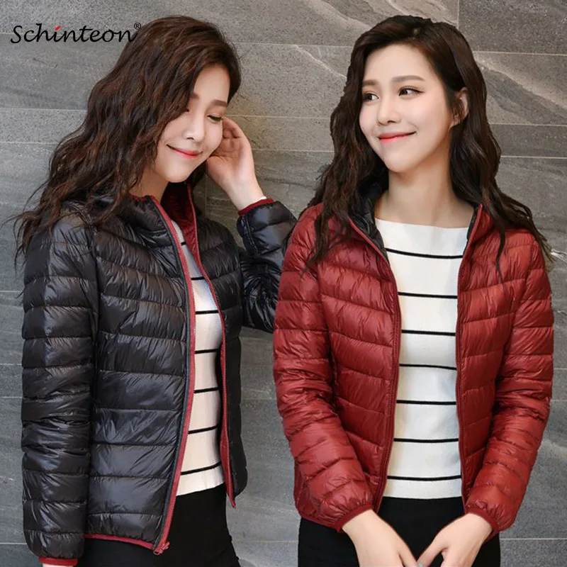 

2018 Schinteon Light Down Jacket Reversible Two Side Wear 90% white duck down Coat with Hood Outwear