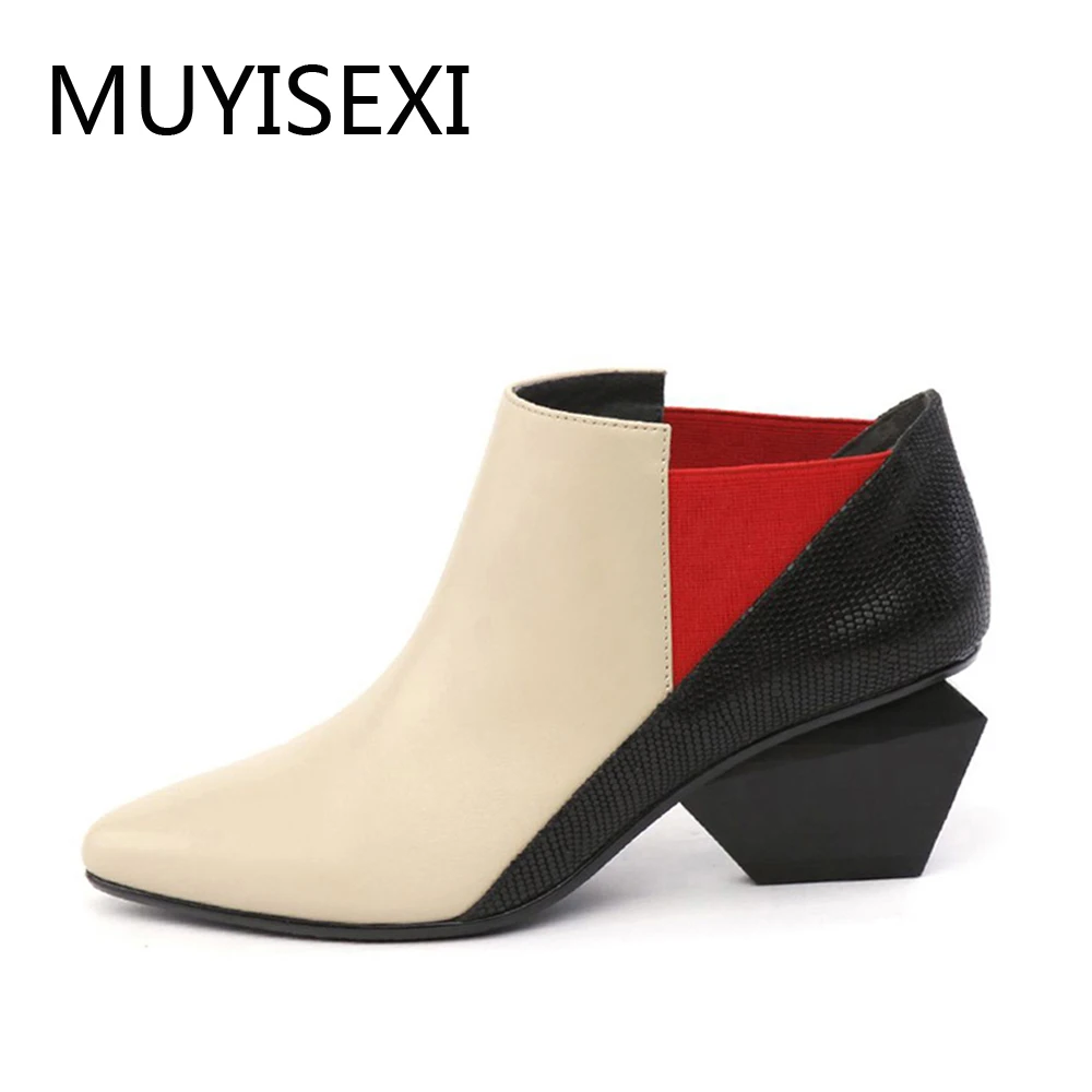 

Autumn Boots Pointed Toe Boots Chunky Heels Genuine Leather Women Mixed Color Irregular Square Heels Ankle Boots X020 MUYISEXI