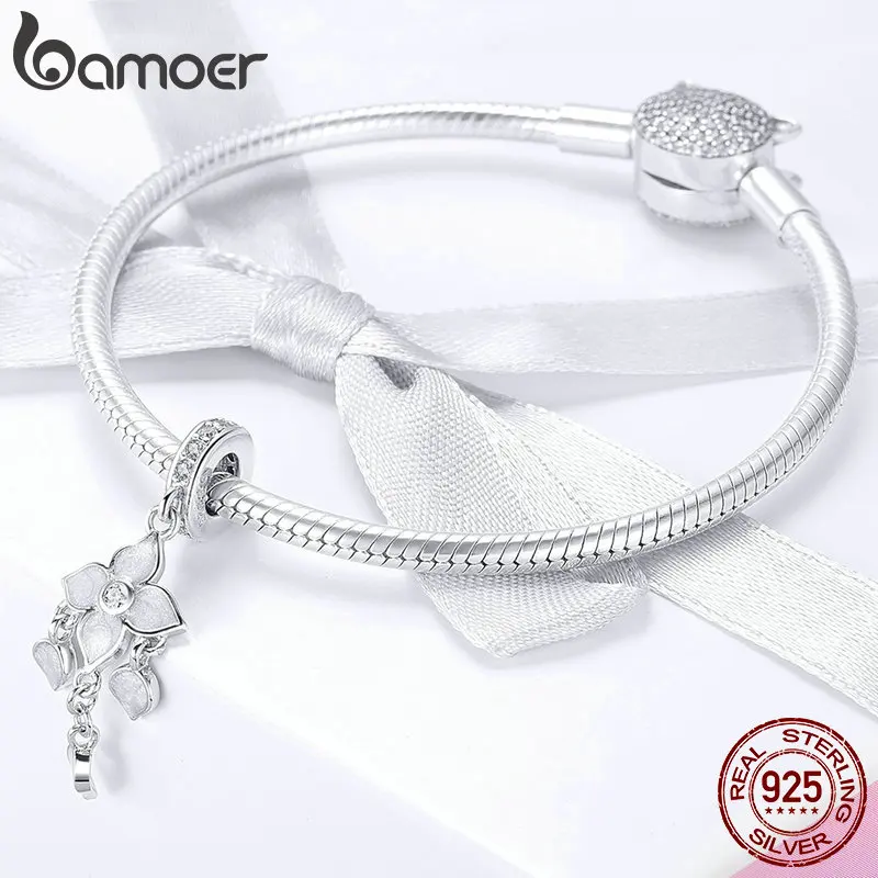 BAMOER Romantische 925 Sterling Silber Weiß Orchidee Clover Blume Charms Anhänger fit Original Armbänder Halsketten Schmuck BSC024
