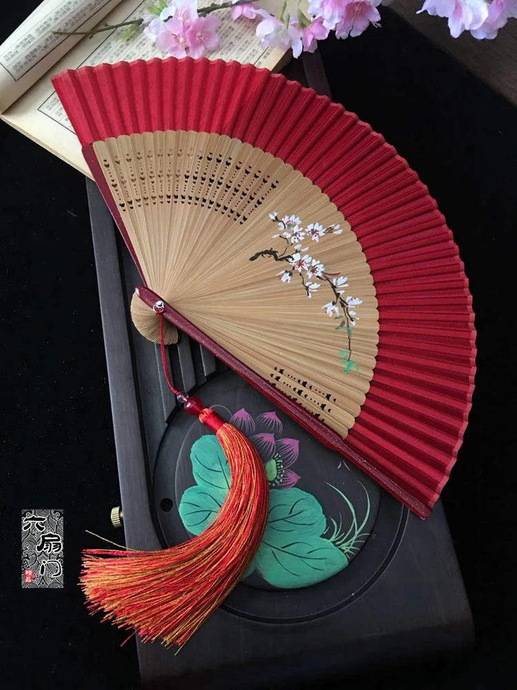 Китайский стиль древний японский Эдо веер для кимоно большой красный шелк ручная роспись цветок сливы с небольшой складной веер украшения ремесла