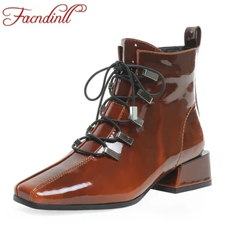 

FACNDINLL 2019 women genuine leather shoes for autumn winter boots shoes woman casual square med heels botas mujer ankle boots
