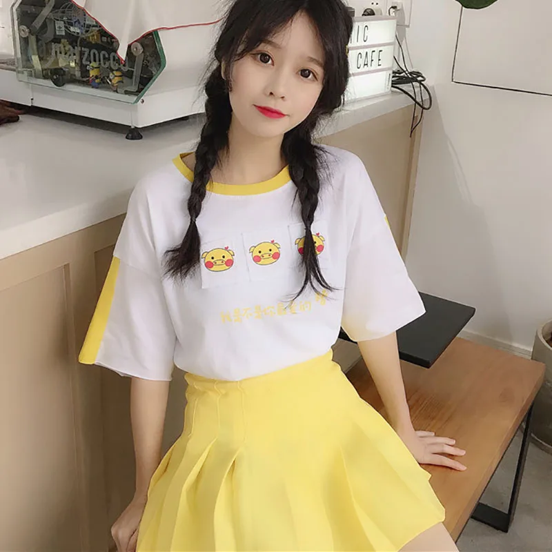 

Japanese Kawaii pig patch print T-shirt schoolgirl summer Patchwork loose short sleeve tee tops Harajuku cute women clothing