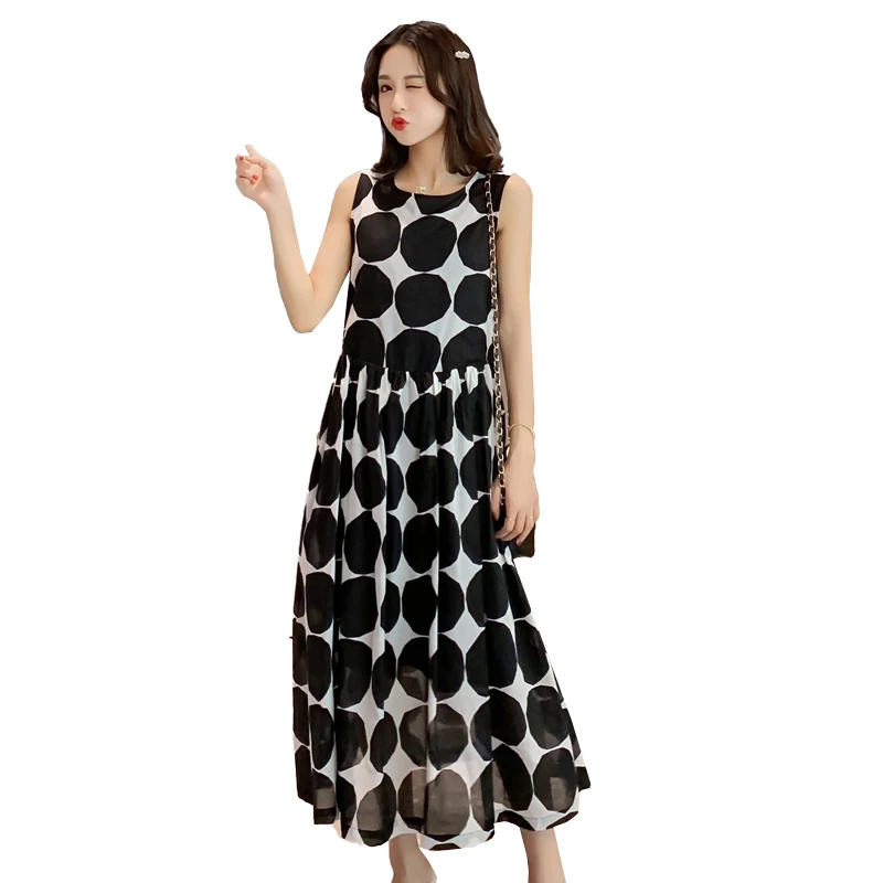 

2019 summer new pregnant women sleeveless long loose chiffon dress black and white large polka dot maternity sundress tank dress