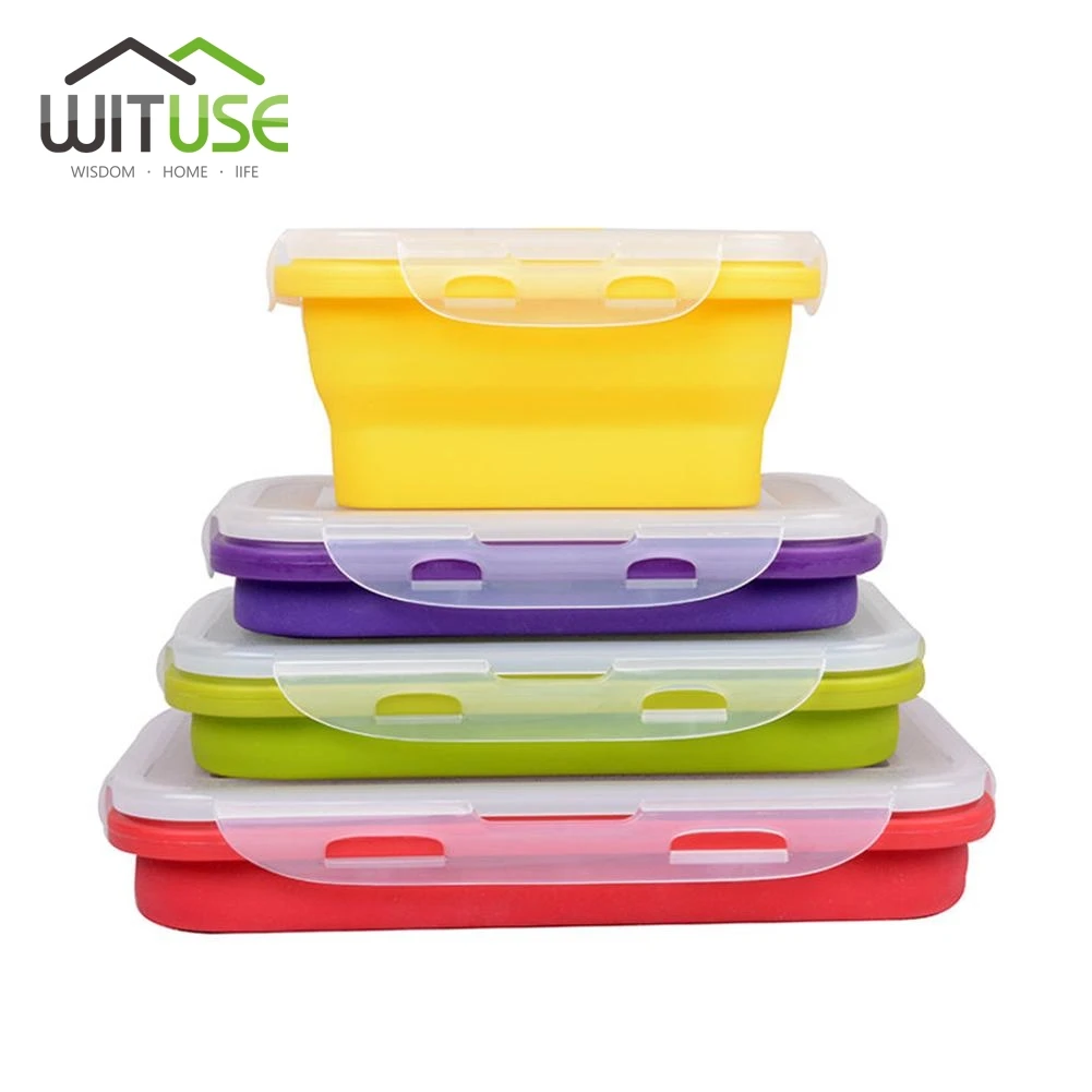 

WITUSE Random Yellow green Red Purple Color Silicone Soft Travel Portable Folding Lunch Seal Storage Box Food Container S M L