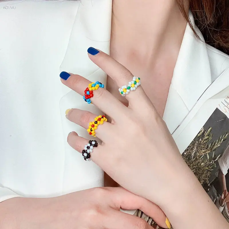 

AOMU 5PCS Handmade Braided Colorful Resin Ring Korea Fashion Hit Color Beads Rings For Women Girls