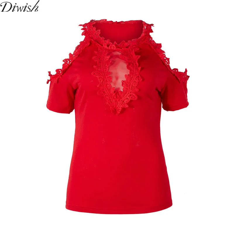 

Diwish Lace T-shirt Women Short Sleeve Ruffle Tee Shirt Sexy Fashion O-Neck Hollow Out Ladies T Shirt Casual Snow White Tops