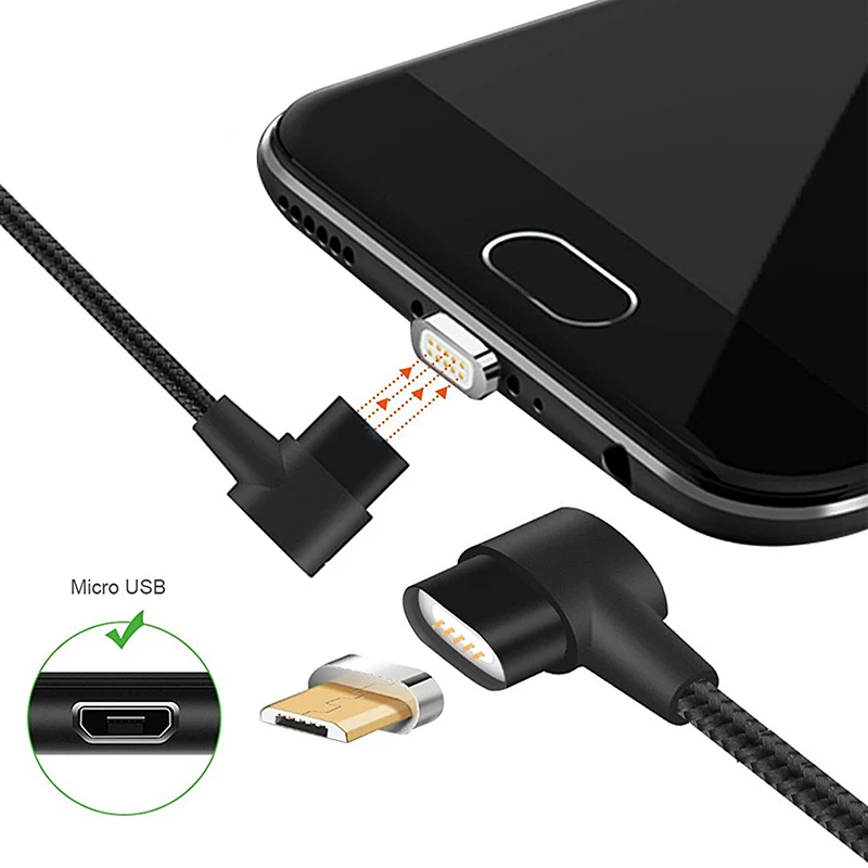 

90 Degree L Shape 1M Magnetic Cable 2.4A Fast Data Charging Cable Nylon Braided Charger Cable for Micro USB Port for Samsung