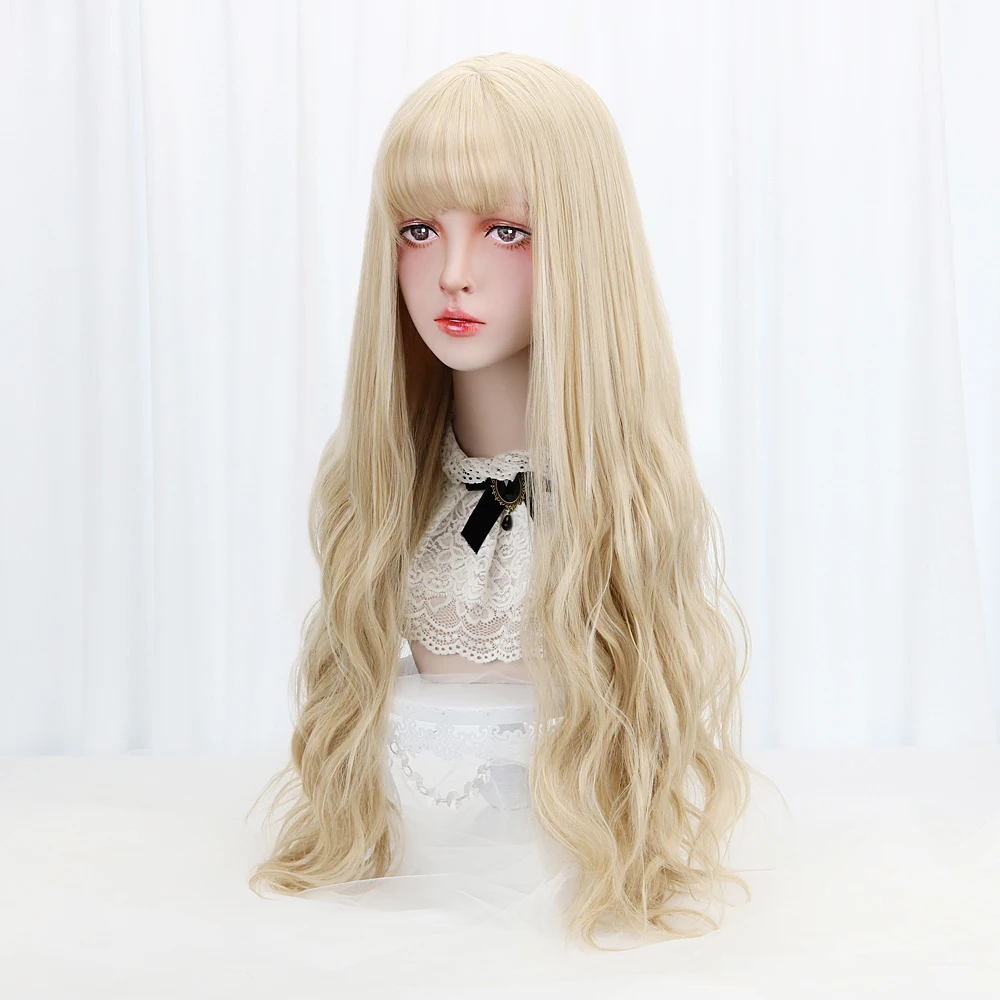 3" блонд косплей Лолита парик с челкой длинные волнистые синтетические волосы Косплей Костюм парик для женщин Лолита парик высокотемпературное волокно