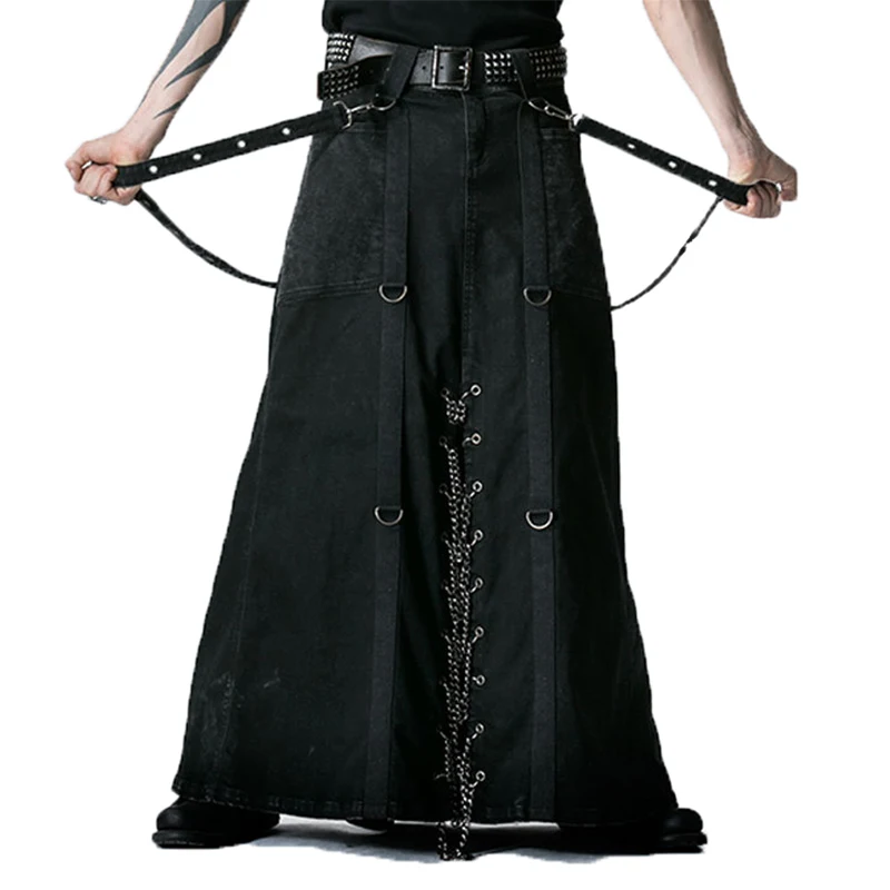 Black Denim Punk Heavy Metal Man Long Skirt Pants Street Personality