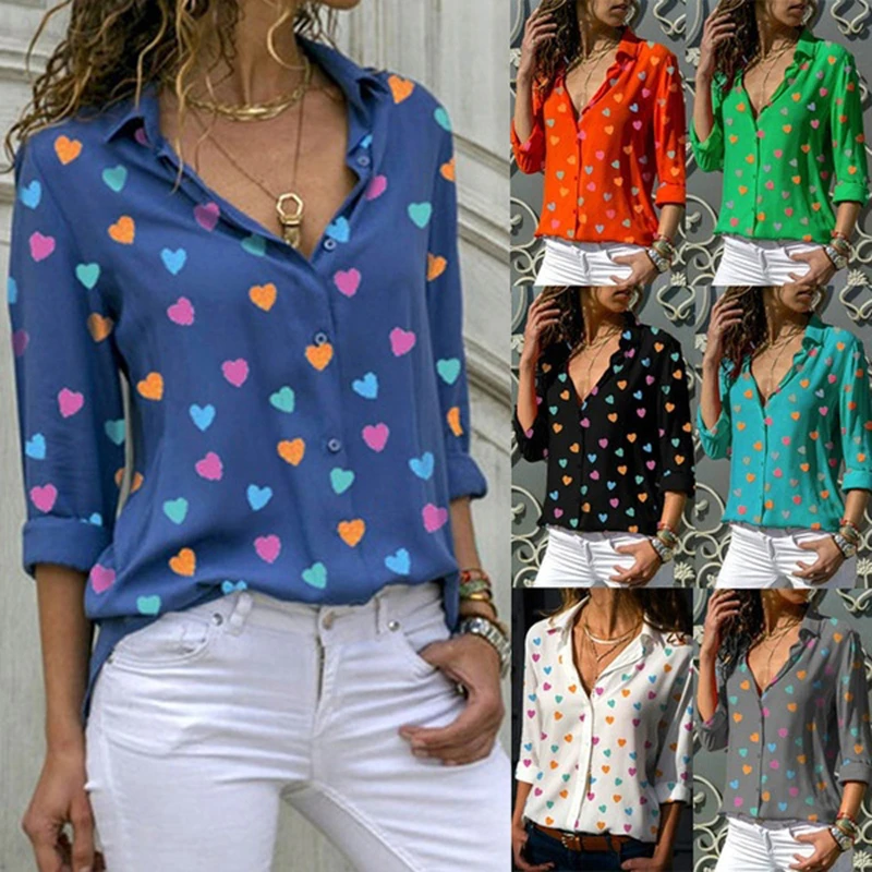 

Women's Slim Chiffon Shirt Sweet Print Love Girl Long Sleeve Shirt Spring Summer Hot Women's Simple Shirt Sexy Button Tops 3XL