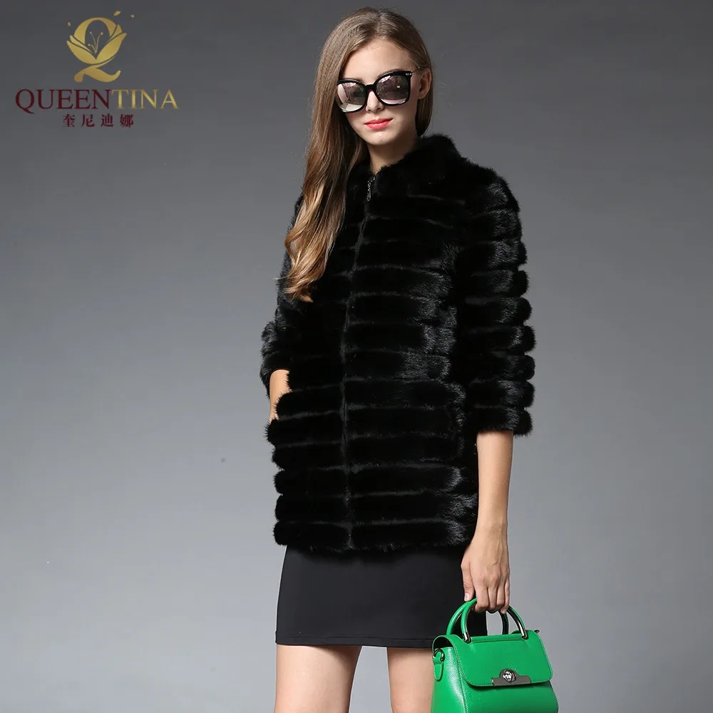 YR.Lover Womens Zipper Opening Natural Mink Fur Vest Jacket with Stand Collor