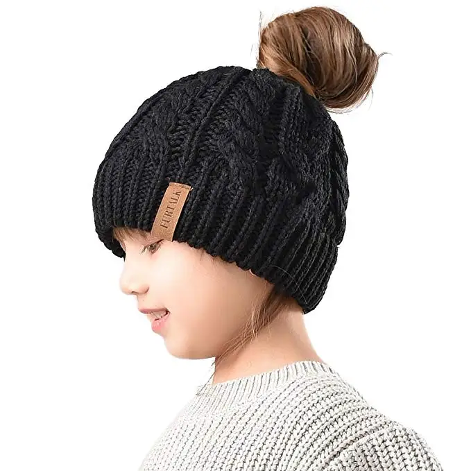 Kids Black FURTALK хвост шапочка шапка Для женщин зимние круглые шапки без полей для детей для маленьких девочек вязаная зимняя бегун грязный булочка шапка с отверстием для хвоста Кепки - Цвет: Kids Black