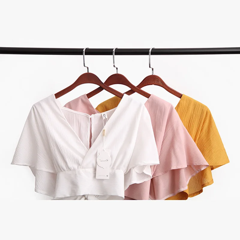 2018 summer women short flare sleeve short top sexy wrap v neck blouse female vacation lace up bow tie crop shirt top