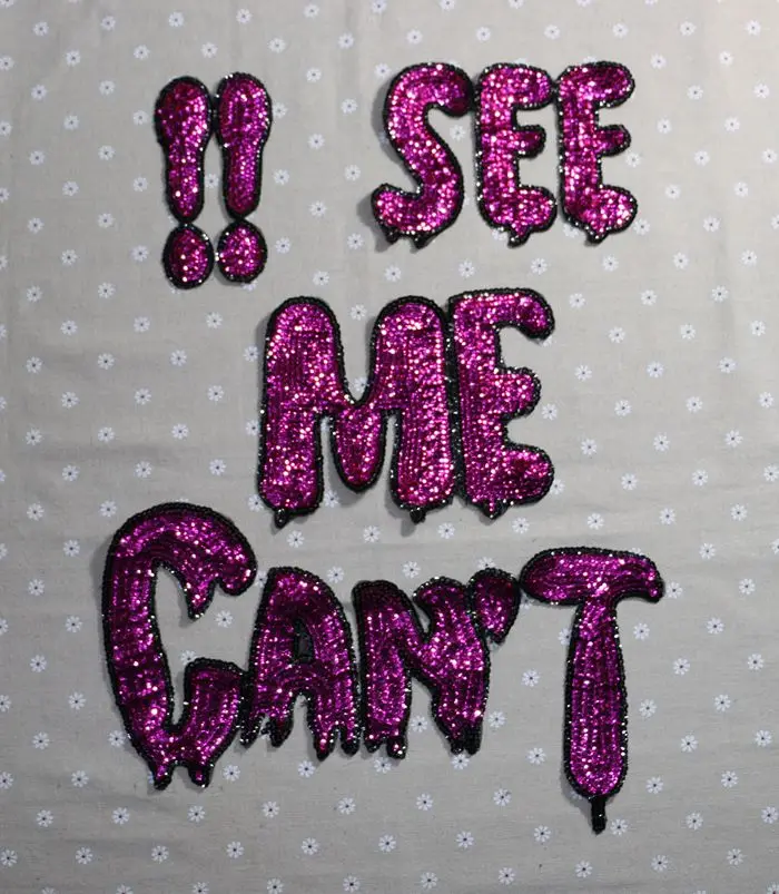 

cannot see me letter sequins patch vintage embroidery fabric applique sewing patches for clothing parches para la ropa