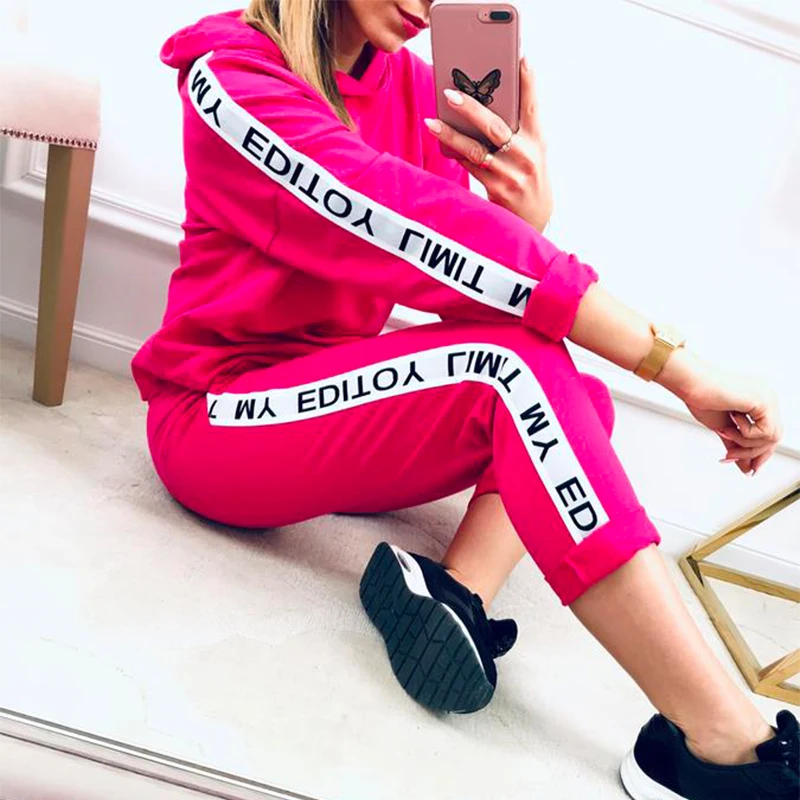 

Plus Size Two Piece Set Women Letter Print Hoodies Pants Suits Sweatshirt Pullover Trousers Casual Outfit Tracksuit Women