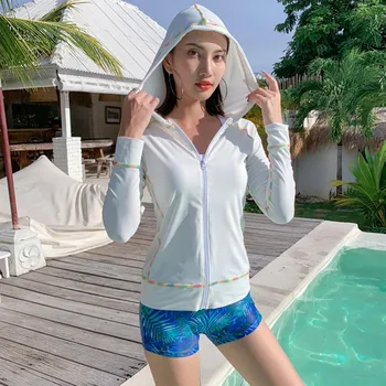 

Mujer Hooded Rash Guard Three Pieces Swimsuit Woman Front Zipper Long Sleeve Plus Size Swimming Suits Maillot De Bain Femme
