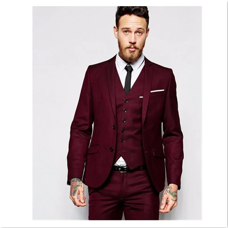 

New Design Men Wedding Suits Groom Formal Suit Two Buttons Burgundy Tuxedo Jacket Men Suit 3 Pieces Costume Homme