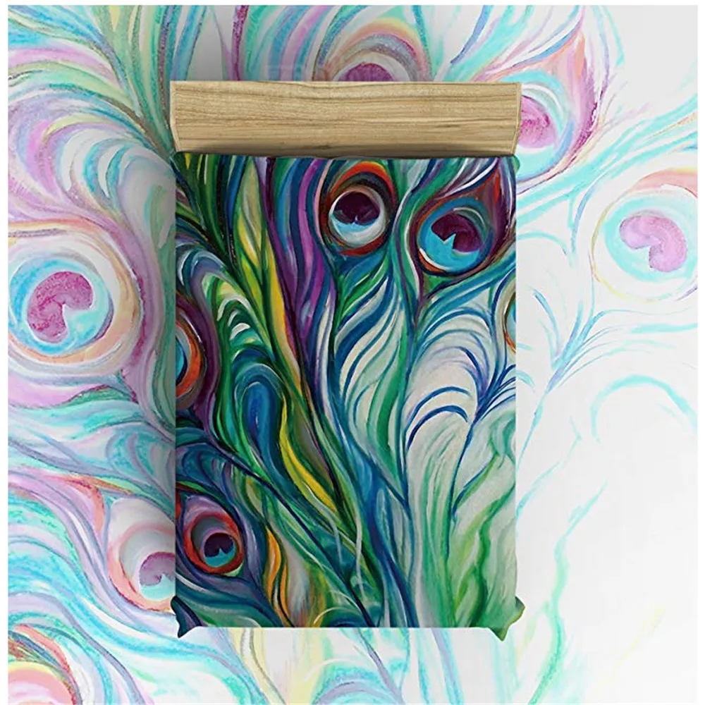 Flannel Blanket Lightweight Cozy Bed Sofa Blankets Super Soft Fabric Ink Painting Style Colorful Peacock Feathers | Дом и сад