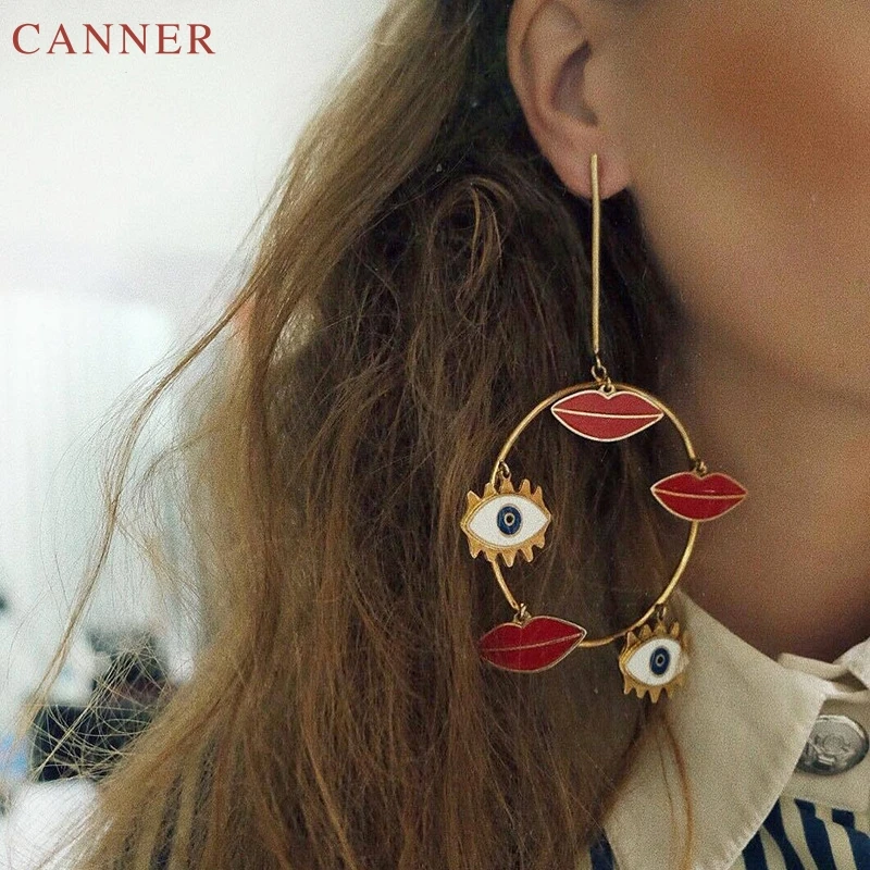 Statement Earrings for Women Red Lips Big Circle Long Dangle Earring pendientes mujer Gold Evil Eye Earrings 2019 Jewelry C40