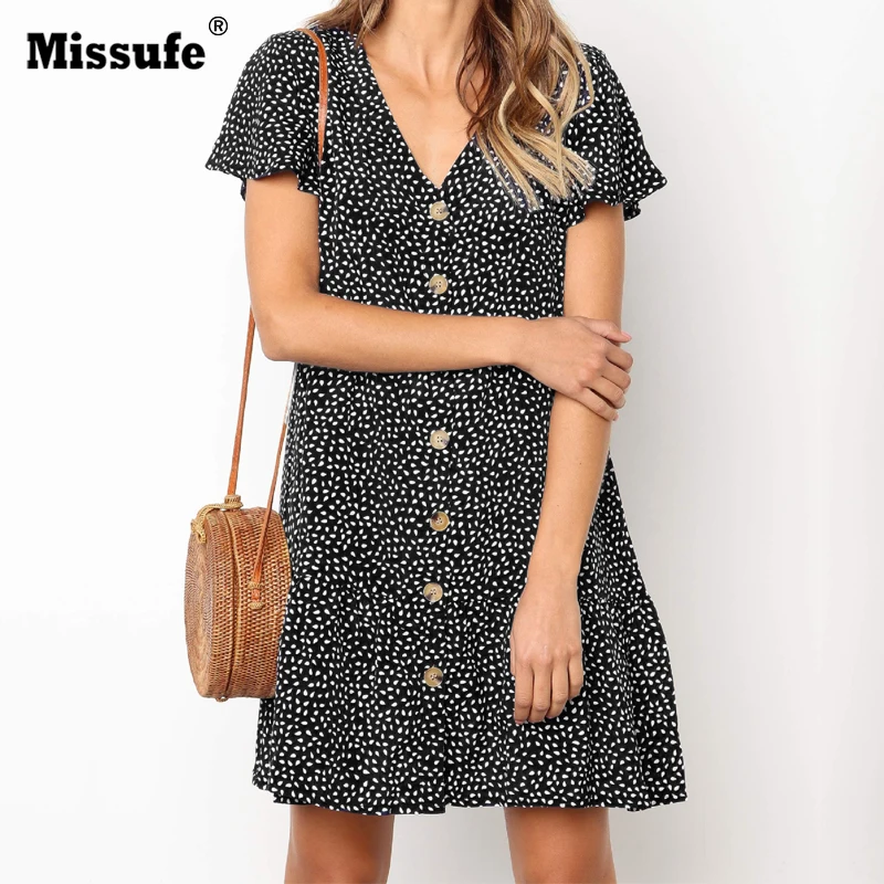 

Missufe V Neck Print Beach Dress Short Sleeve Button Ruffles Boho Mini Female Casual Bohemian Floral Summer Dresses Women 2019