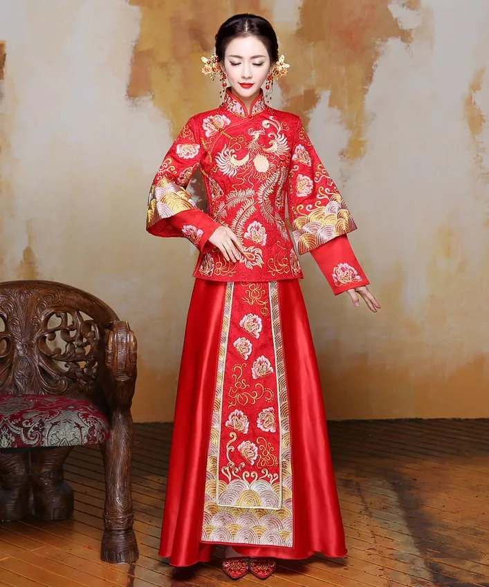 Китайское традиционное свадебное платье Qipao красное платье Чонсам с длинным рукавом вышивка невесты китайский стиль платье Оптовая и
