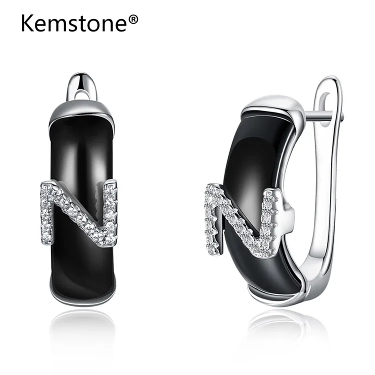 

Kemstone Fashion Sterling Silver White & Black Ceramics Stud Earrings Crystal English Letter N Shape Earrings for Women Jewelry