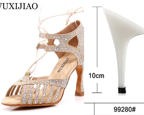 WUXIJIAONew Red and Glod Flash Cloth Salsa Dance Shoes Soft Bottom Latin Kizomba Tango Ballroom Dance Shoes Heel 6/7.5/8.5/10cm - Цвет: Glod heel 10cm