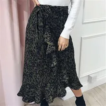 Женская высокая талия юбки дамы Леопардовый принт обёрточная бумага над Aysmmetric юбка миди пара сексуальная повседневная юбка с модным дизайном