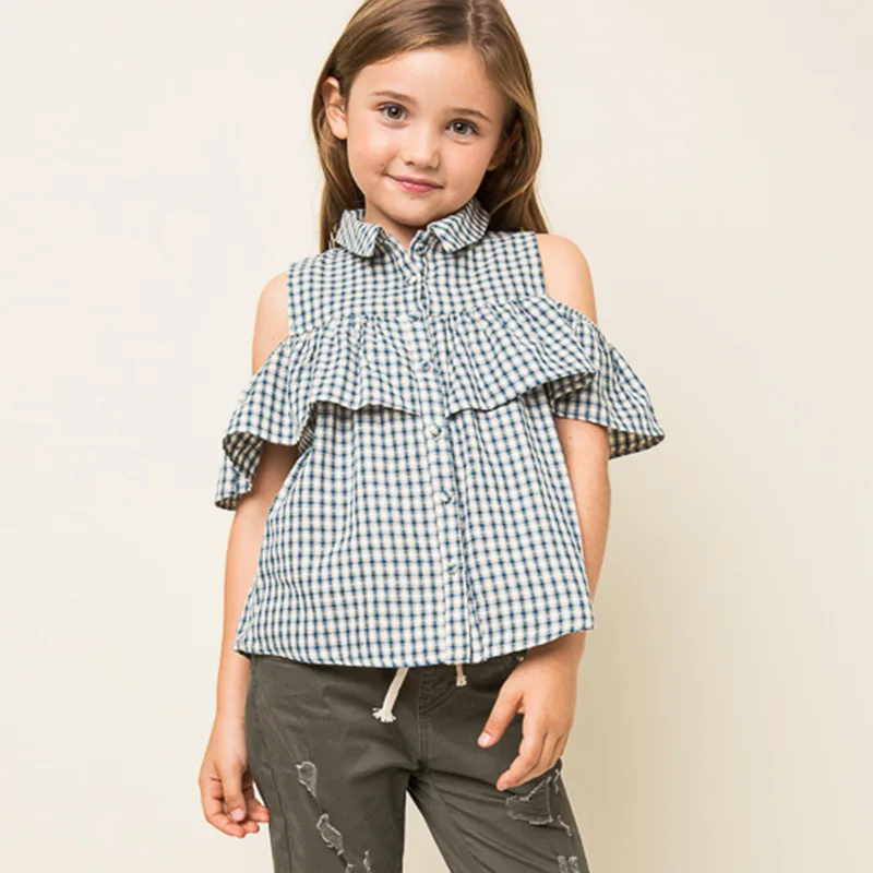 England Girls Blouses Summer Plaid Blouses Kids Ruffles