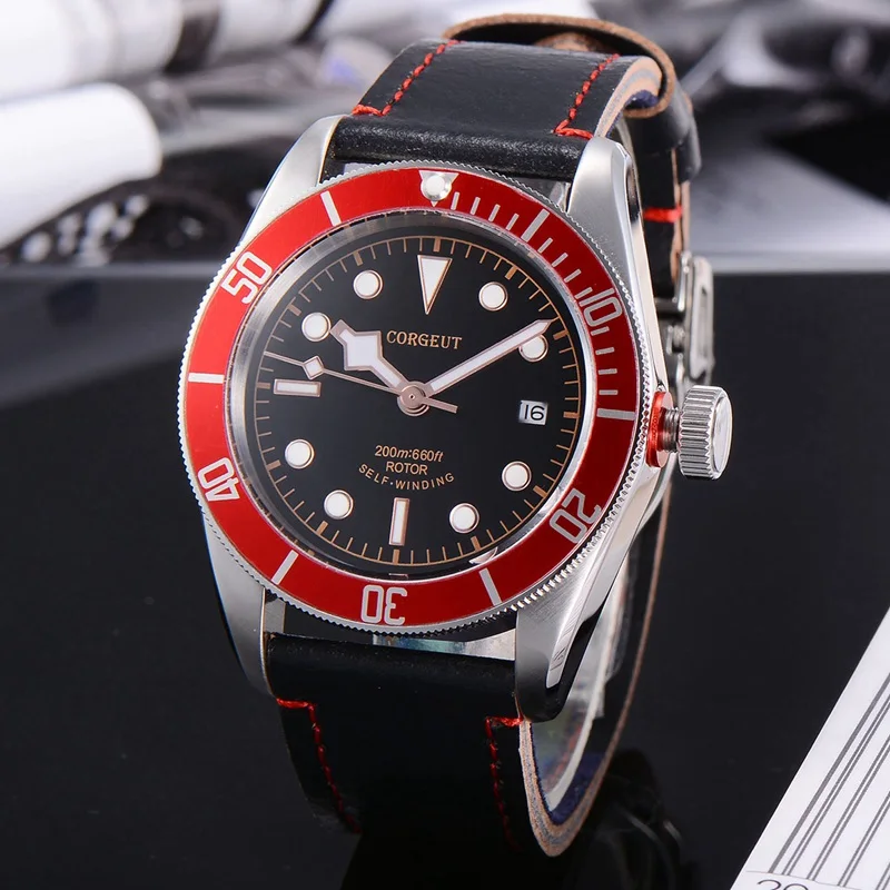 

Corgeut 41mm Mens Automatic Watch, Black Dial Red Rotatable Bezel Sapphire Glass Leather Strap Miyota 8215 Movement CA2010RG