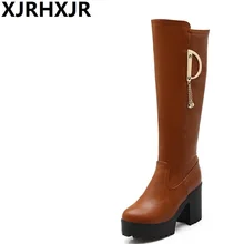 XJRHXJR/зимняя теплая обувь на высоком толстом каблуке женские модные высокие сапоги на платформе с круглым носком женские ботфорты из искусственной кожи