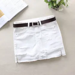 2018 летние джинсы юбка Для женщин середины талии рваные Джинсовые юбки женские мини Saia белый Faldas Повседневное юбка-карандаш F231