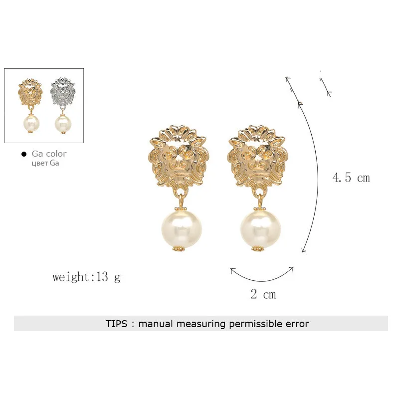 Дизайн, крупная золотая металлическая Львиная головка, серьги, модные свисающие серьги с искусственным жемчугом для женщин, ювелирные аксессуары